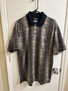Vintage Izod Golf Classix Polo Shirt Mens L Plaid Black Tan 100% Cotton